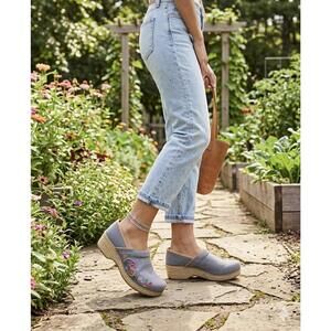Dansko Vegan blue Slip-On Wedge Clogs Embroidered Floral 10